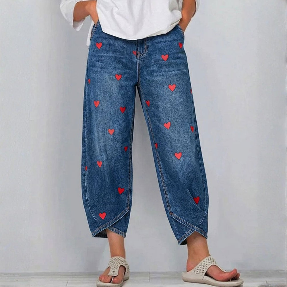 Women's Ankle-Length Jeans with Heart Pattern