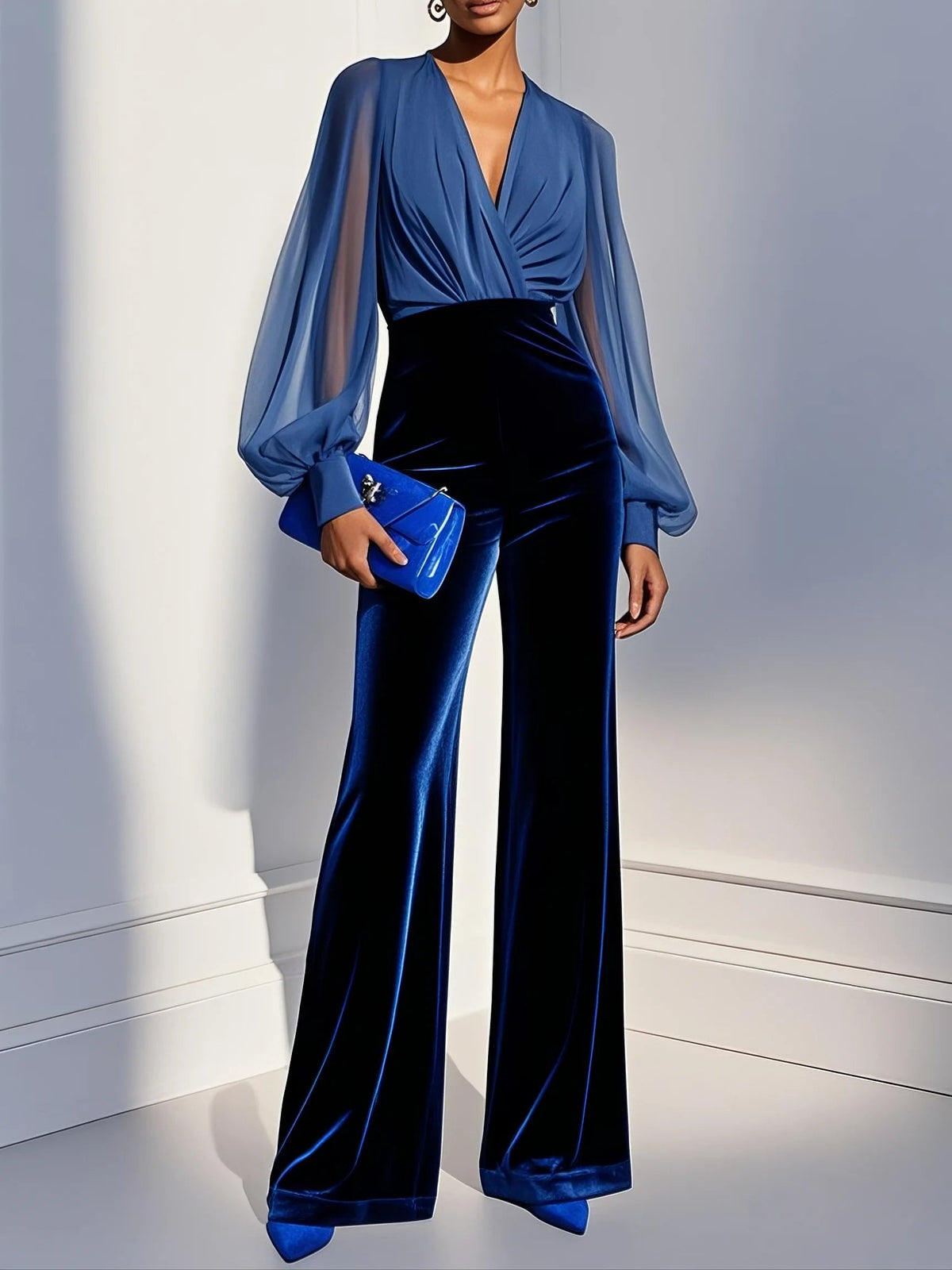 Women's Jumpsuit with Blue Mesh V-Neck and Long Sleeves