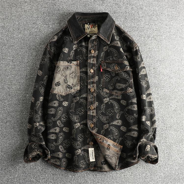 Unisex Denim Shirt with Cashew Flower Pattern