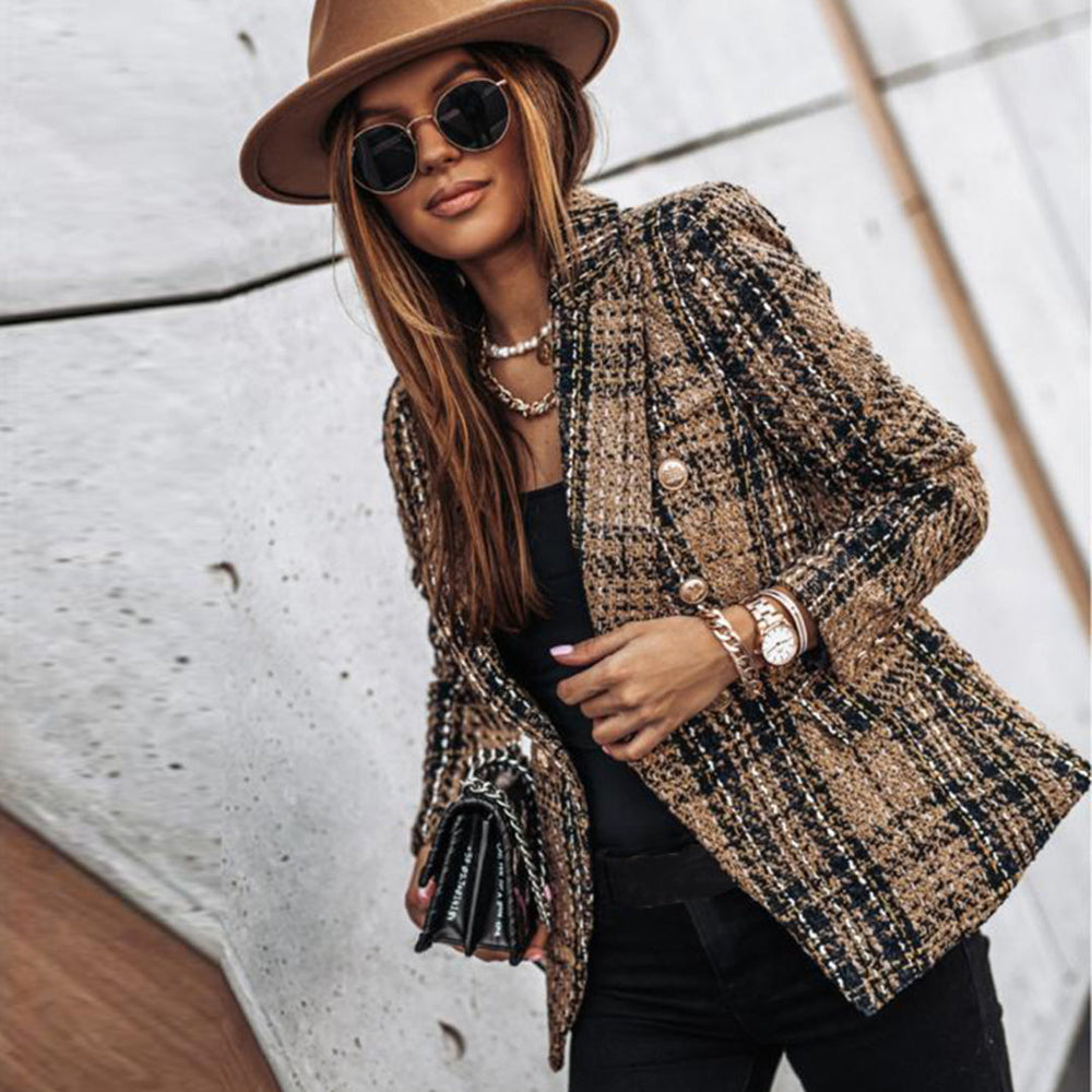 Women's Plaid Blazer with Lapel Collar and Decorative Buttons