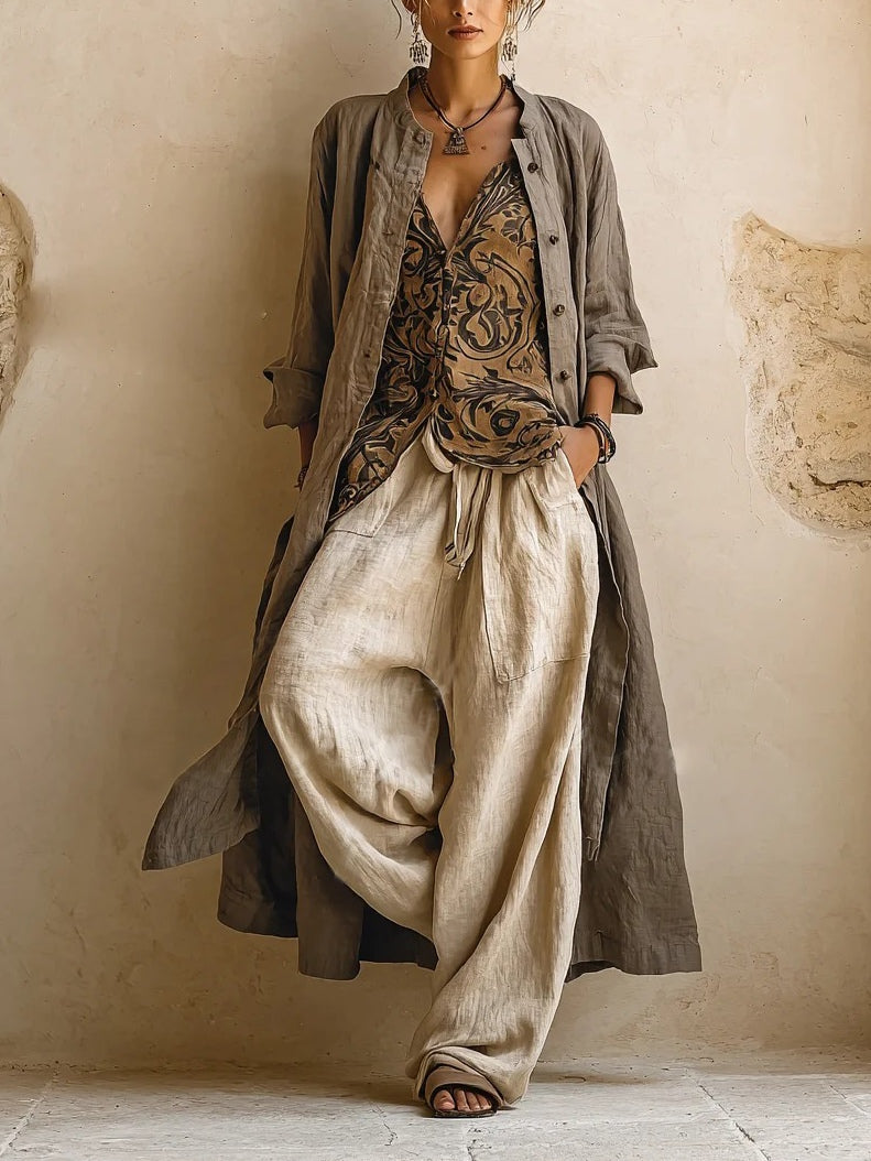Women's Three-Piece Set with Top, Cardigan and Wide-Leg Pants