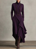 Women's Asymmetrical Pleated Maxi Dress with Turtleneck