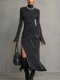 Women's Clothing Set with High Neck and Irregular Zipper Pockets