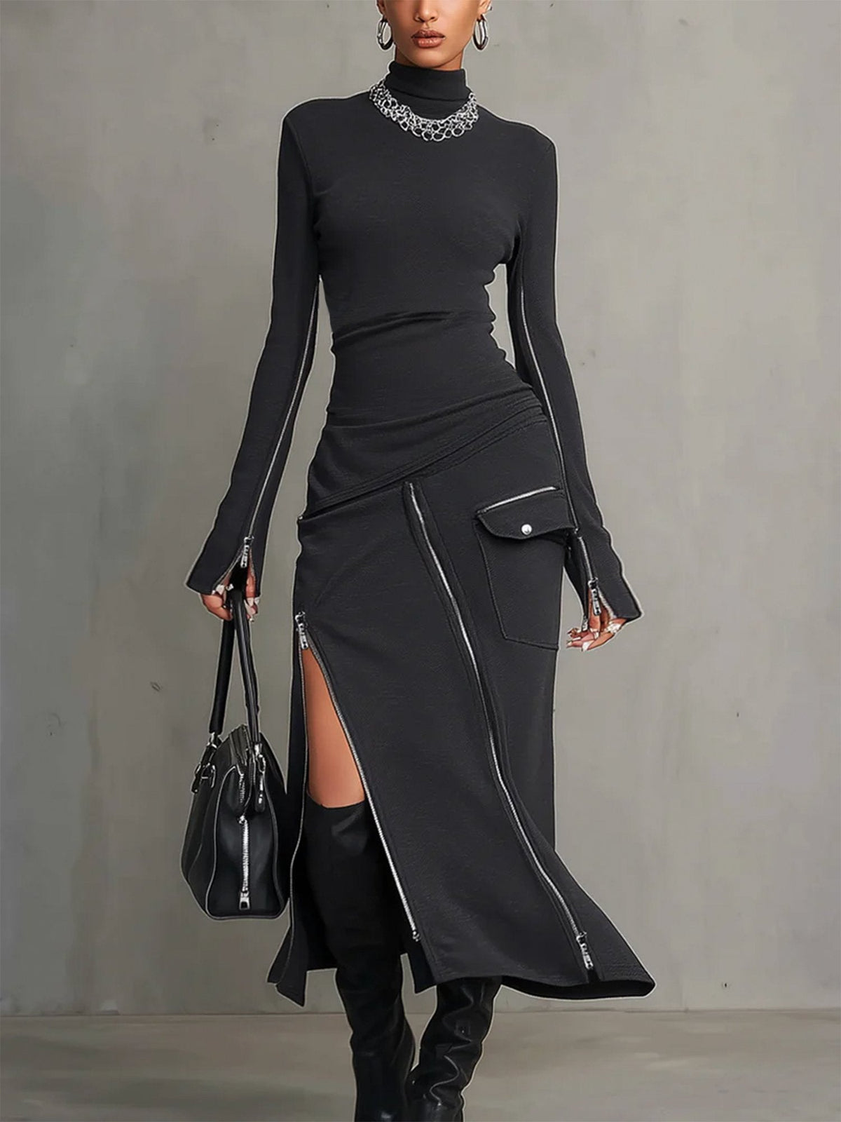 Women's Clothing Set with High Neck and Irregular Zipper Pockets