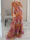 Women's Painted Floral Print V-Neck A-Line Maxi Dress