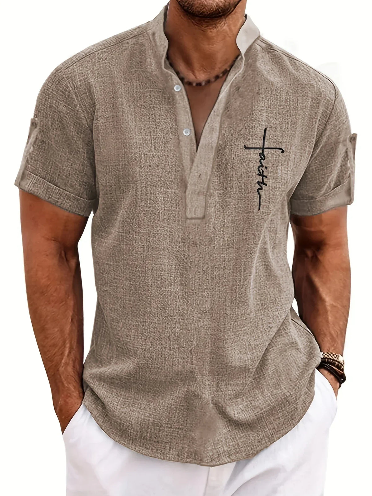 Men's Short-Sleeve Shirt with Stand Collar