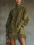 Women's Faux Suede Turtleneck Dress with Fringe Hem
