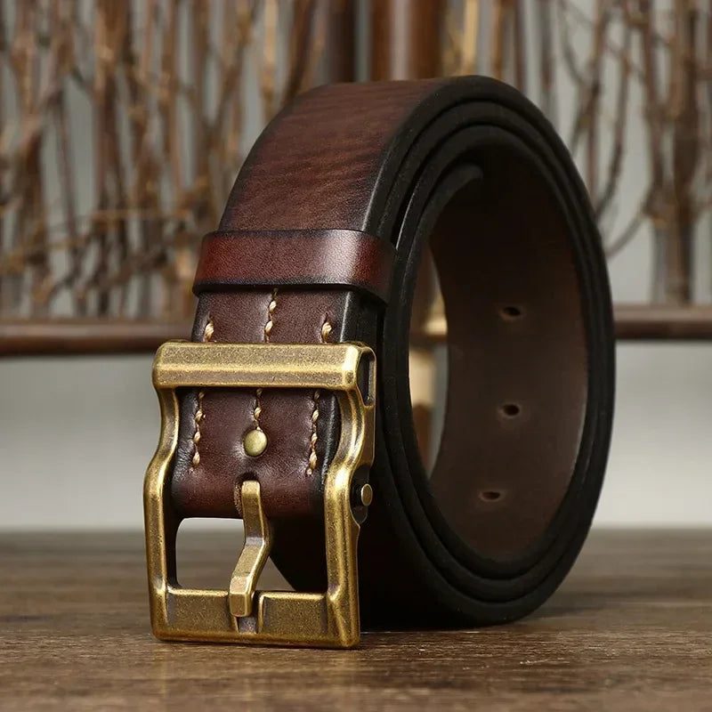 Men's Leather Belt with Solid Brass Pin Buckle