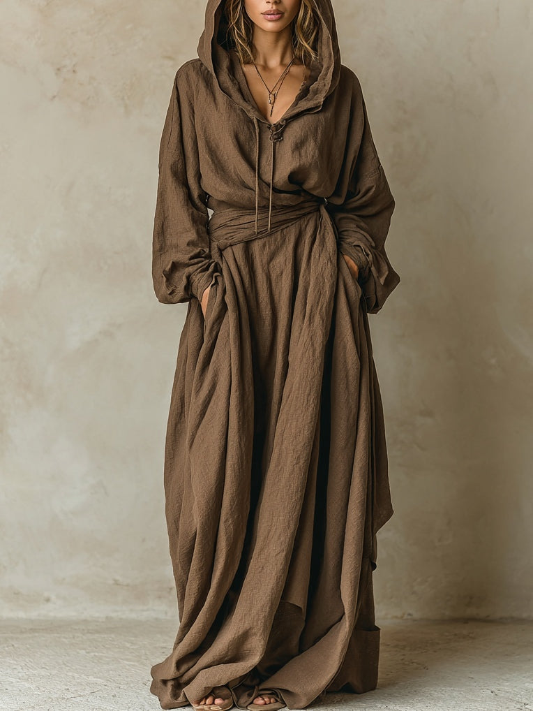 Women's Hooded Loose Maxi Dress in Brown