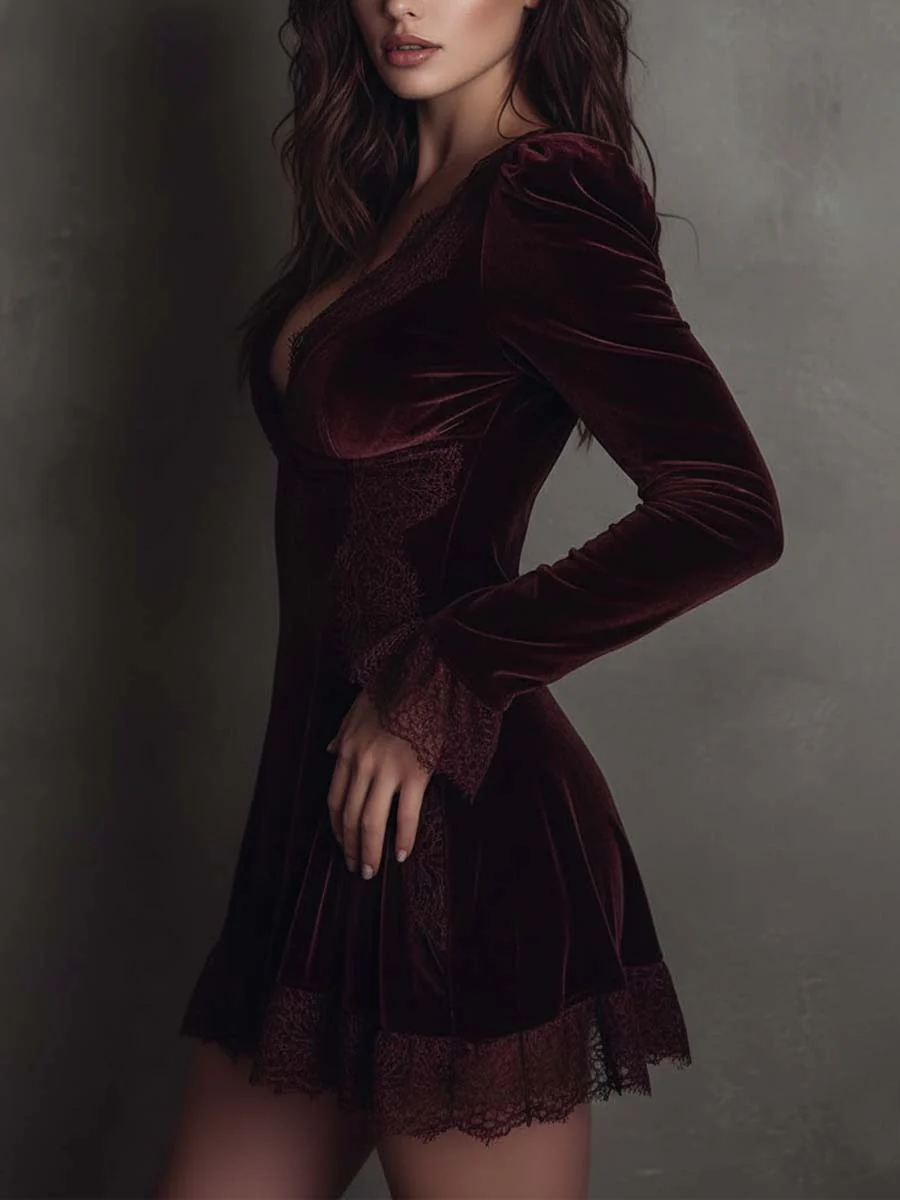 Women's Burgundy Velvet Lace-Trimmed V-Neck Mini Dress