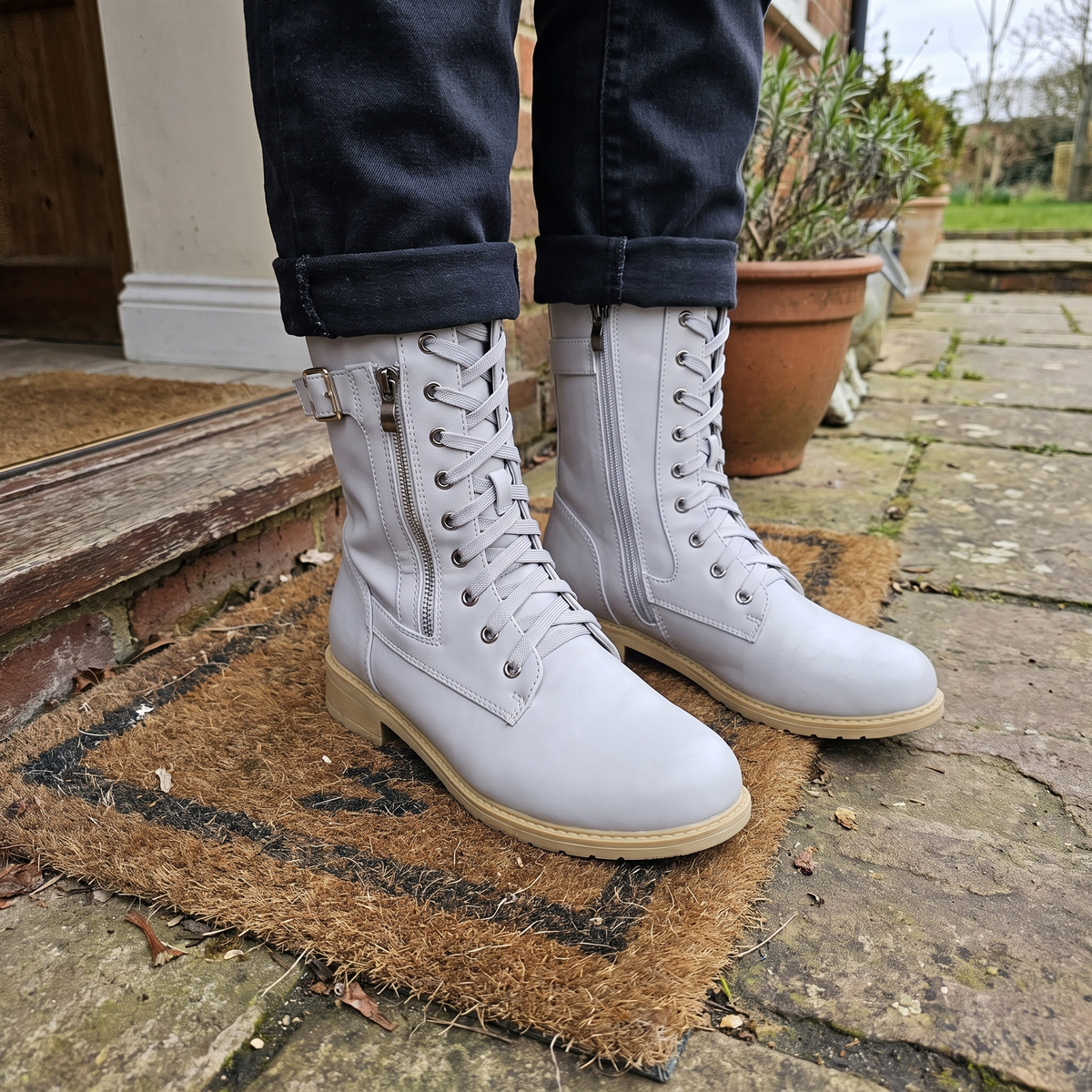 Unisex Mid-Calf Boots with Lace-Up Front and Buckle Details