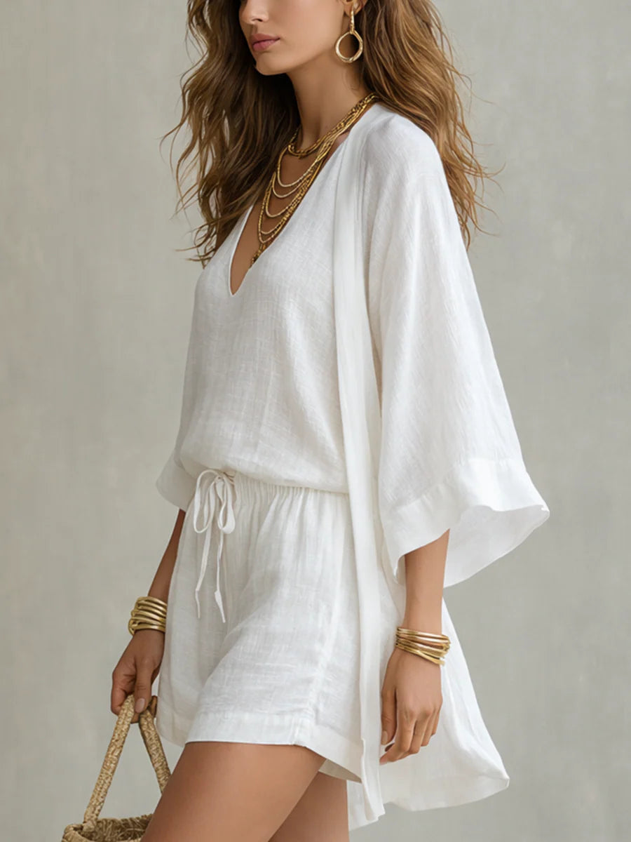 Women's Three-Piece Clothing Set with Cardigan and Shorts