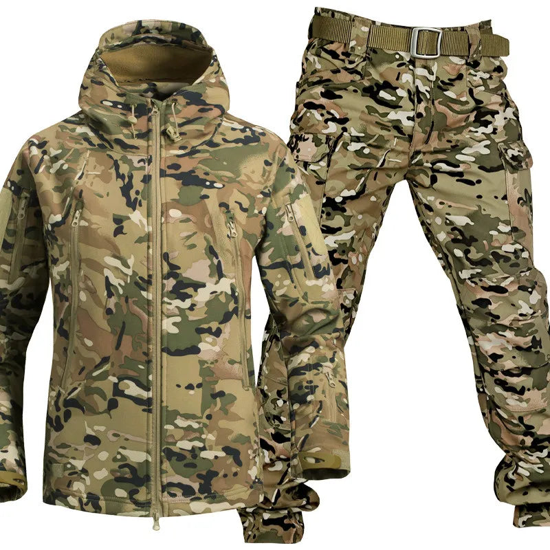 Unisex Outdoor Softshell Clothing Set with Hooded Jacket and Pants