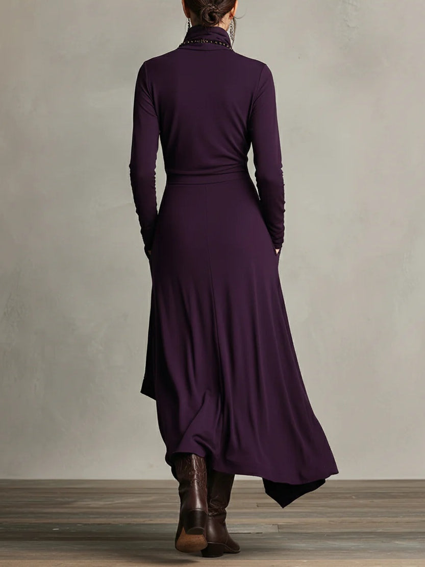Women's Asymmetrical Pleated Maxi Dress with Turtleneck