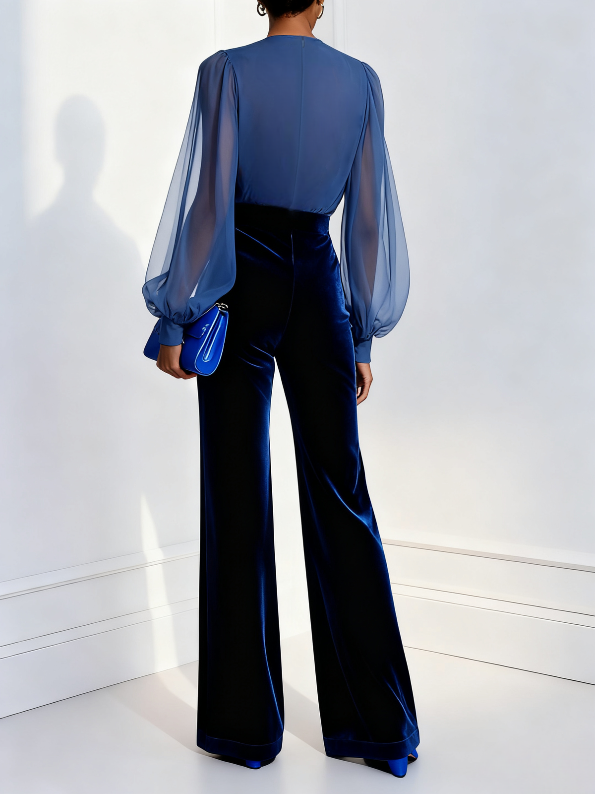 Women's Jumpsuit with Blue Mesh V-Neck and Long Sleeves