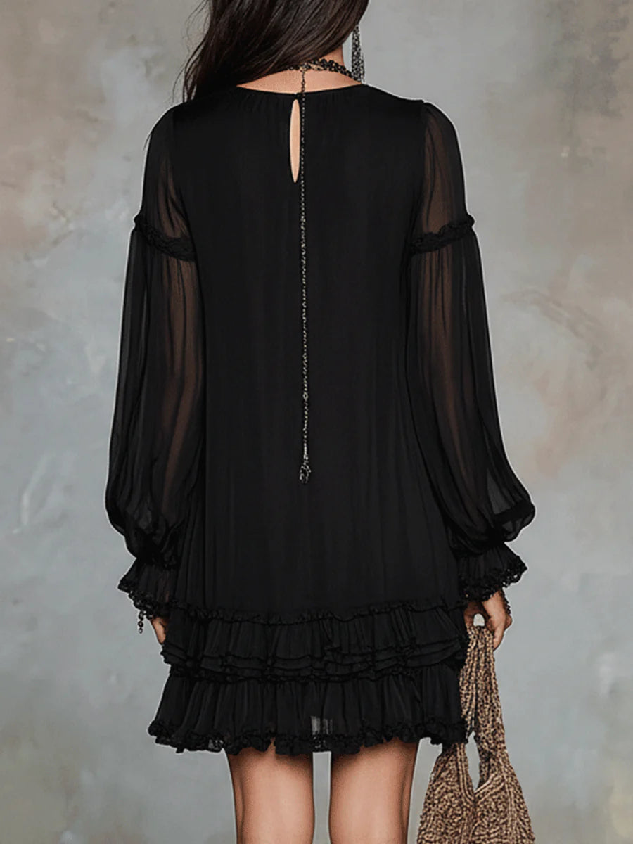 Women's Dress in Black Chiffon with V-Neck and Lantern Sleeves