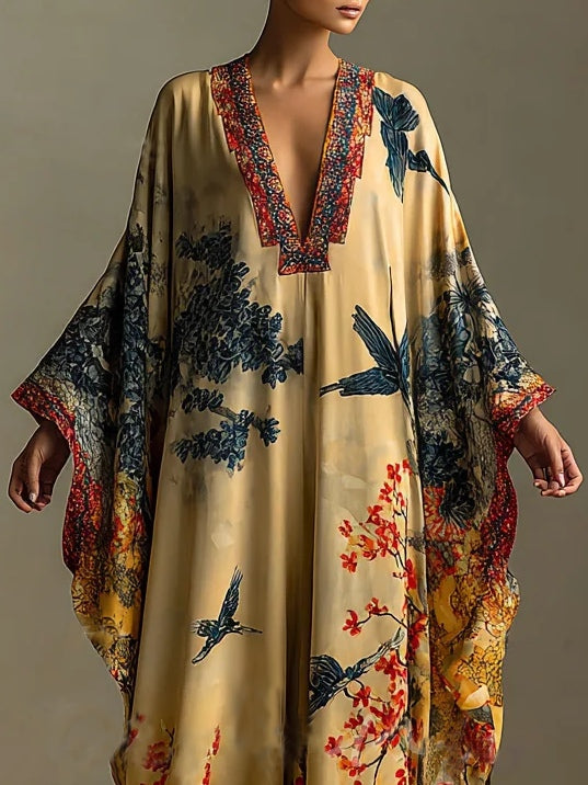 Women's Floral Art Print Batwing Sleeve Robe Dress