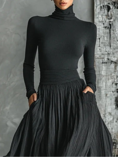 Women's Clothing Set with Turtleneck T-Shirt and Pleated Skirt