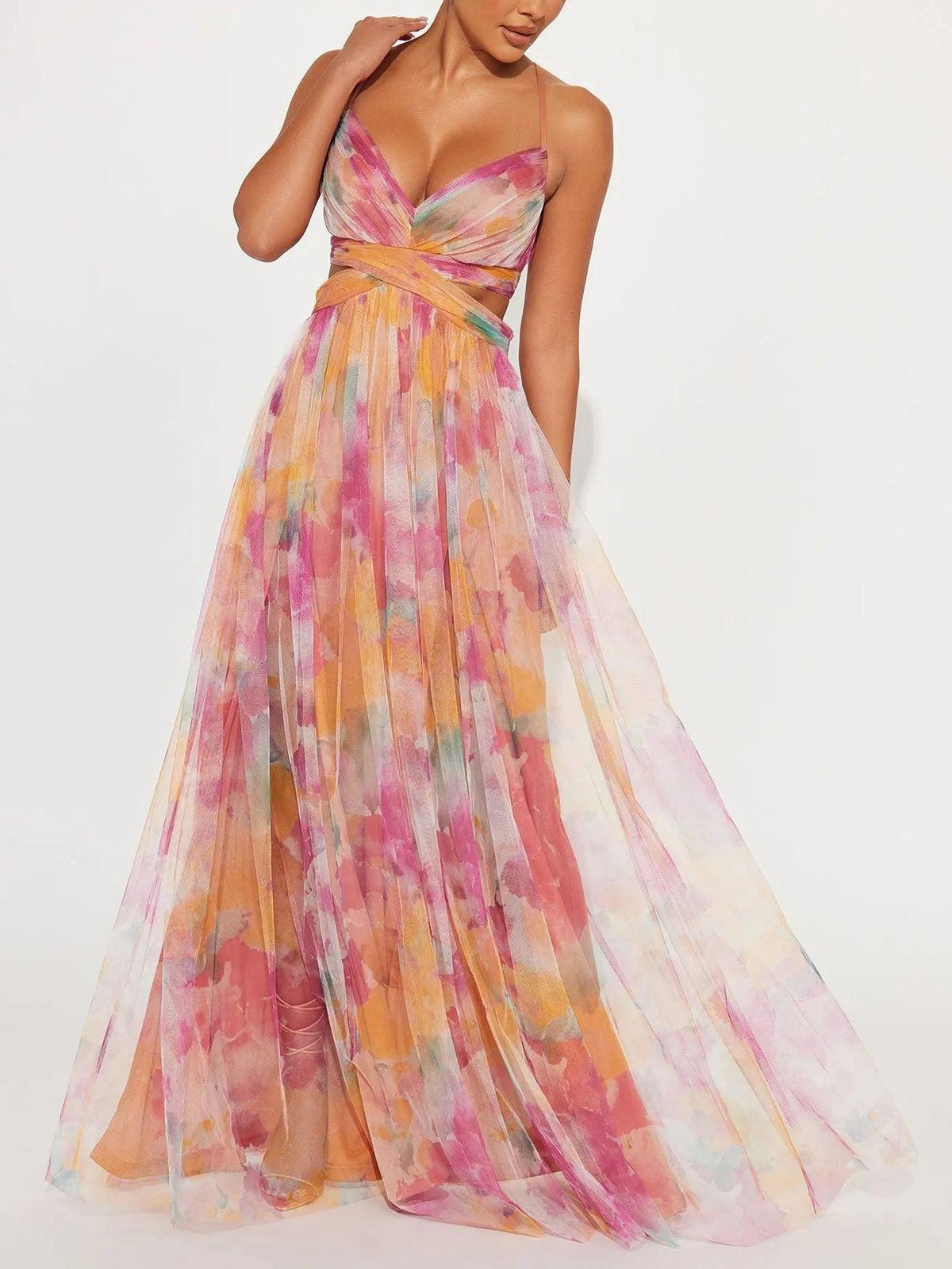 Women's Painted Floral Print V-Neck A-Line Maxi Dress