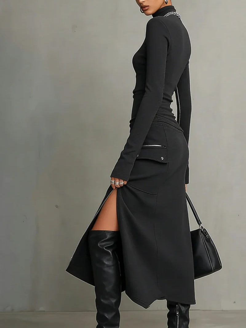 Women's Clothing Set with High Neck and Irregular Zipper Pockets