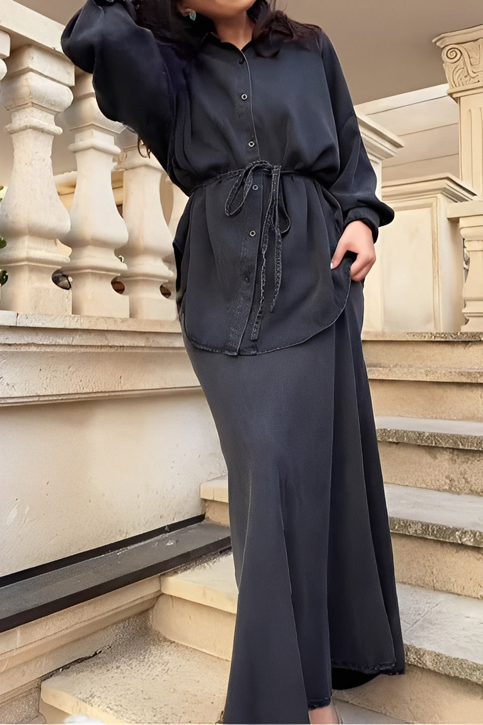 Women's Clothing Set with Long-Sleeved Tie-Drawstring Shirt and Skirt