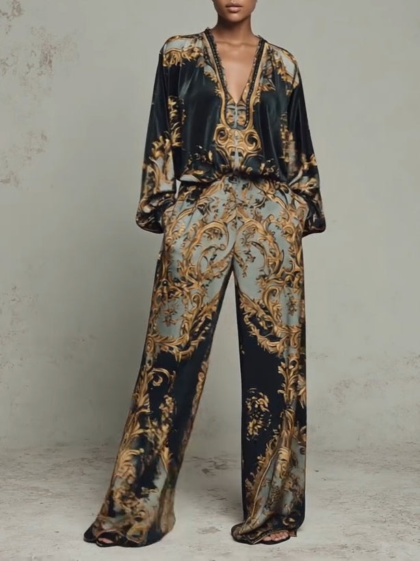 Women's Clothing Set with Floral Print and Wide-Leg Trousers
