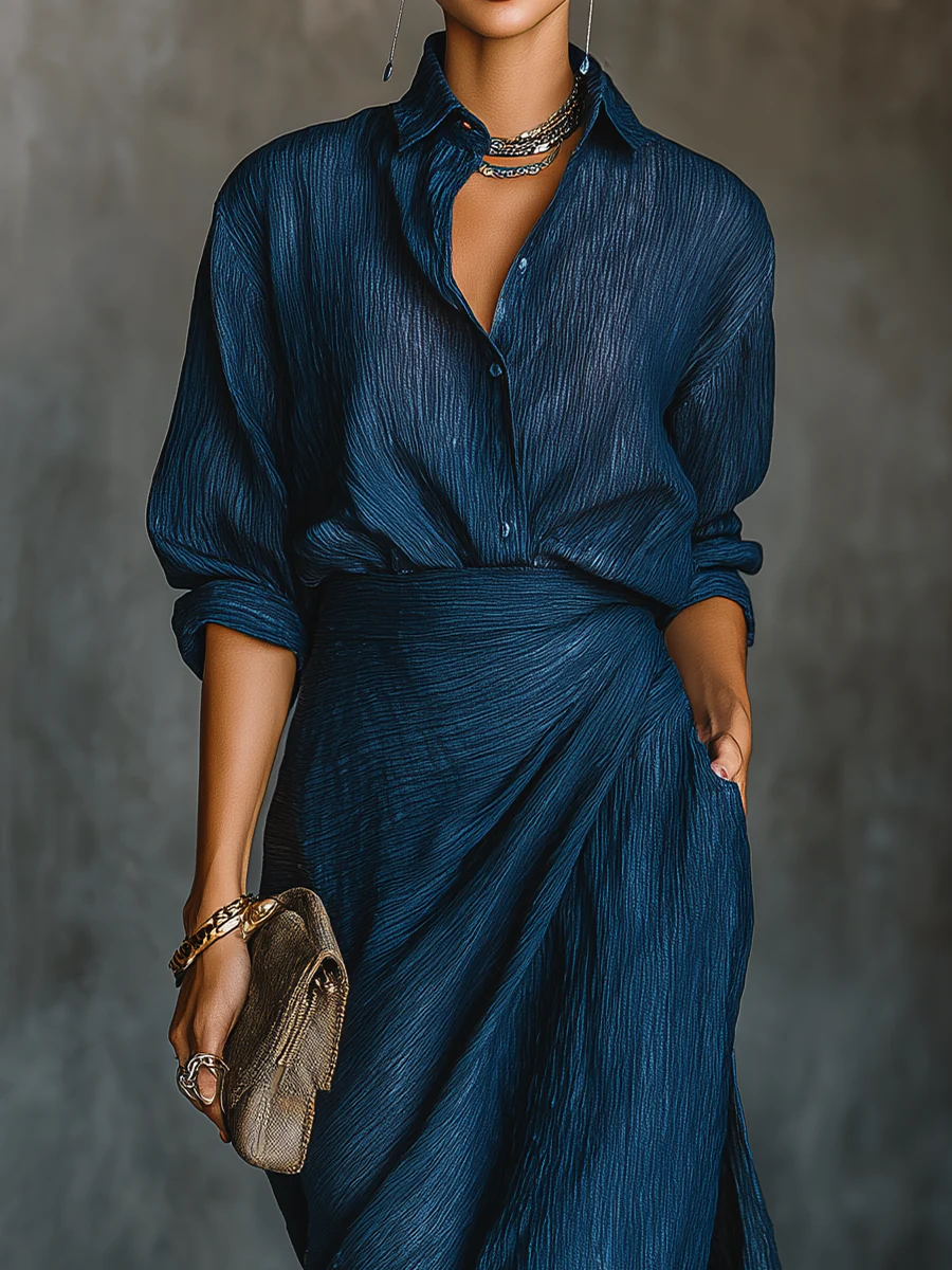 Women's Dark Blue Cotton and Linen Shirt and Skirt Set