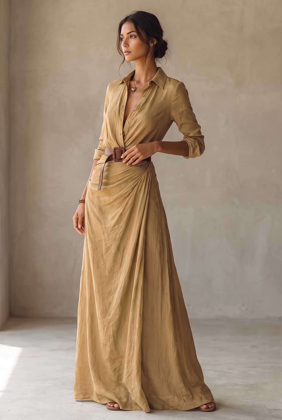 Women's Single-Breasted Maxi Dress with Lapel, Belt & Long Sleeves