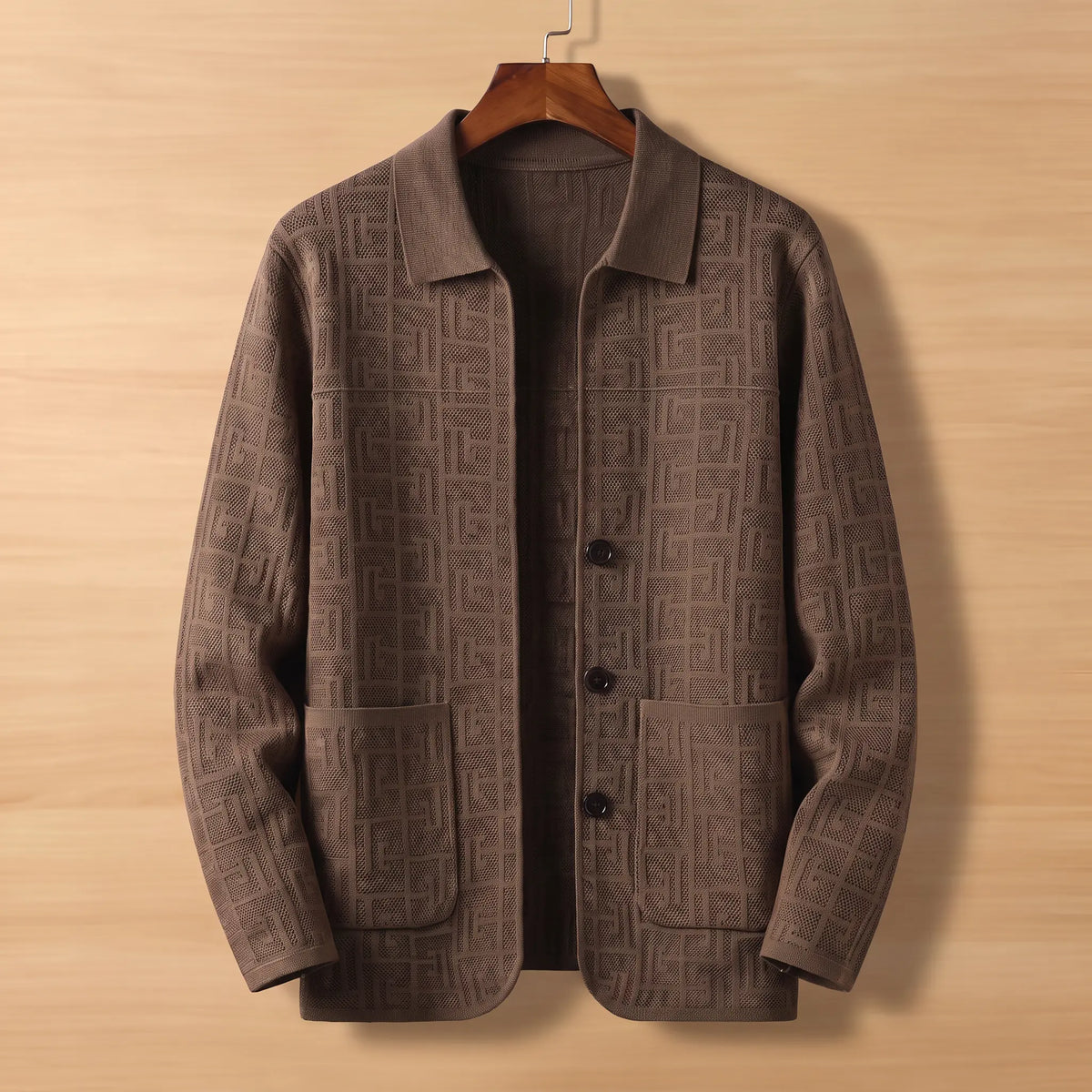 Unisex Jacquard Knit Cardigan with Button Front and Collar