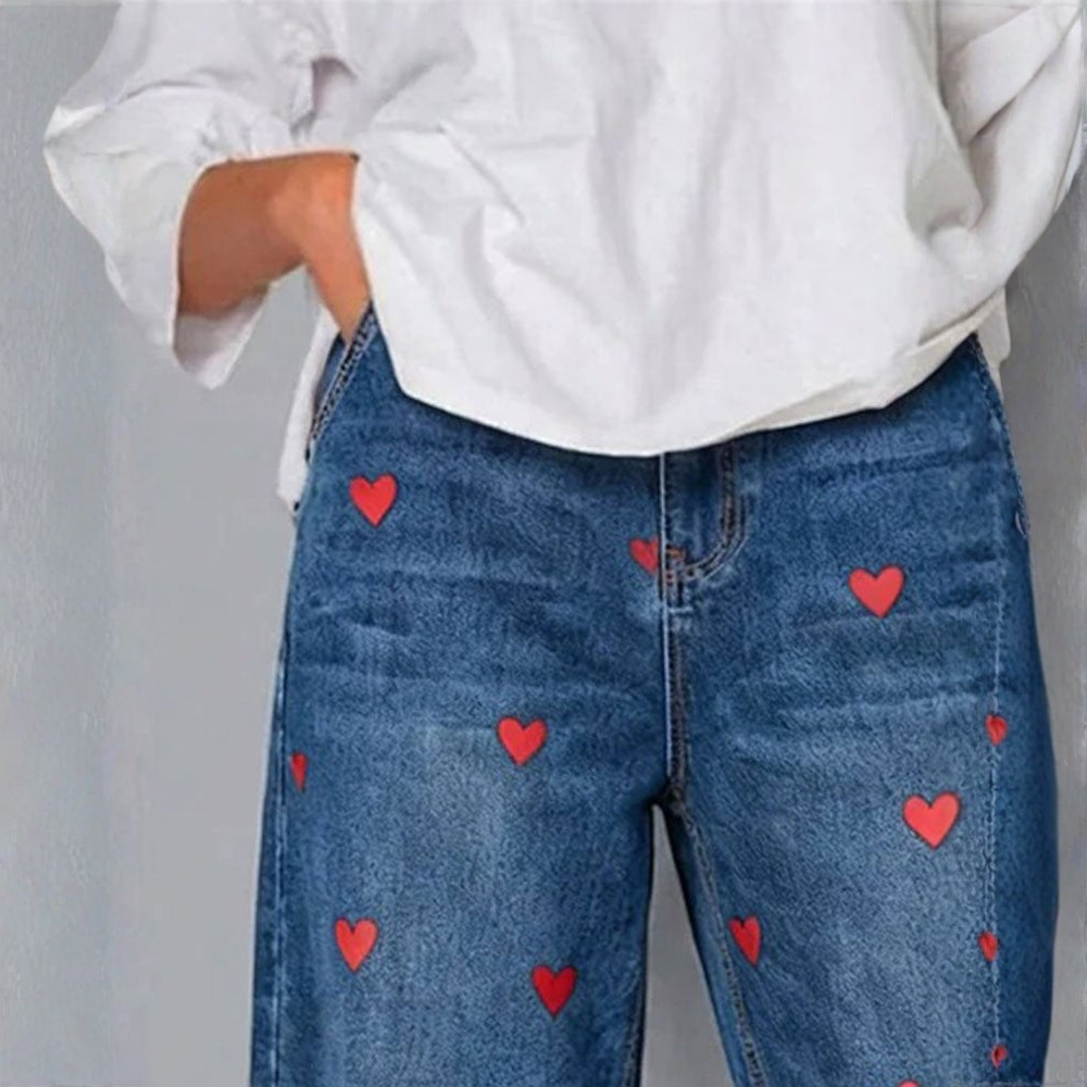 Women's Ankle-Length Jeans with Heart Pattern