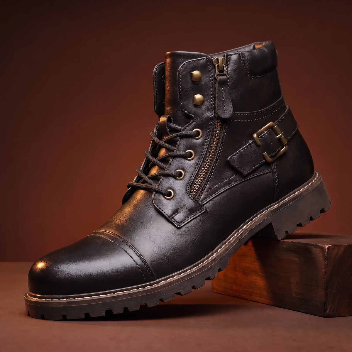 Unisex Biker Boots with Buckle Strap and Side Zip