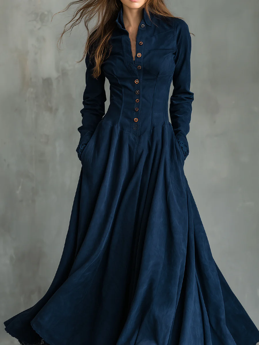 Women's Maxi Dress with Shirt Collar and Lace Trim
