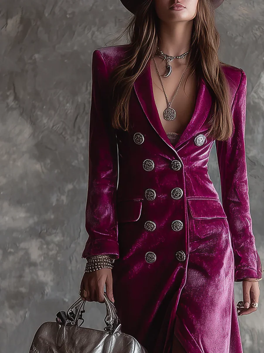 Women's Velvet Long Blazer Maxi Dress in Purple