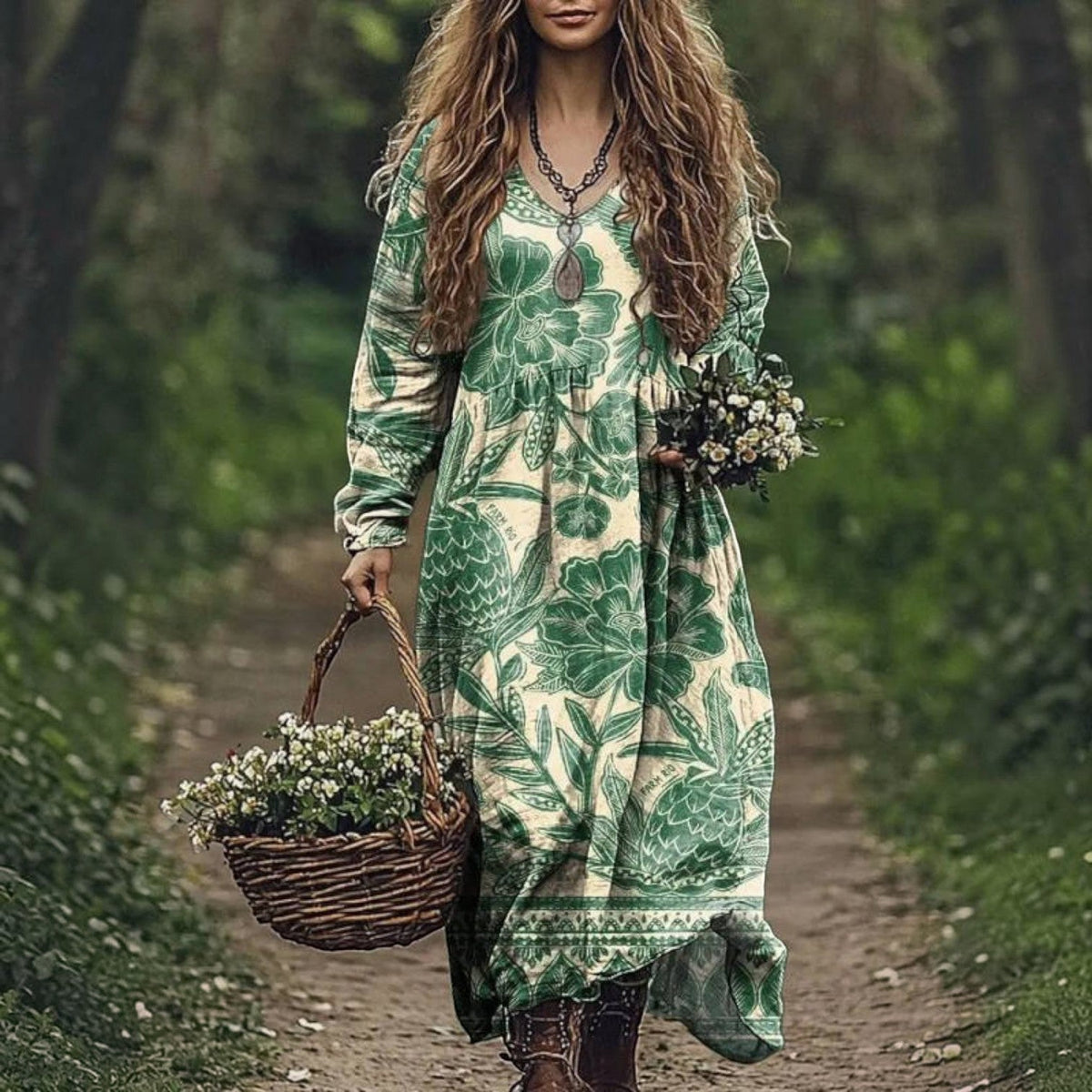 Women's Vintage Western V-Neck Maxi Dress