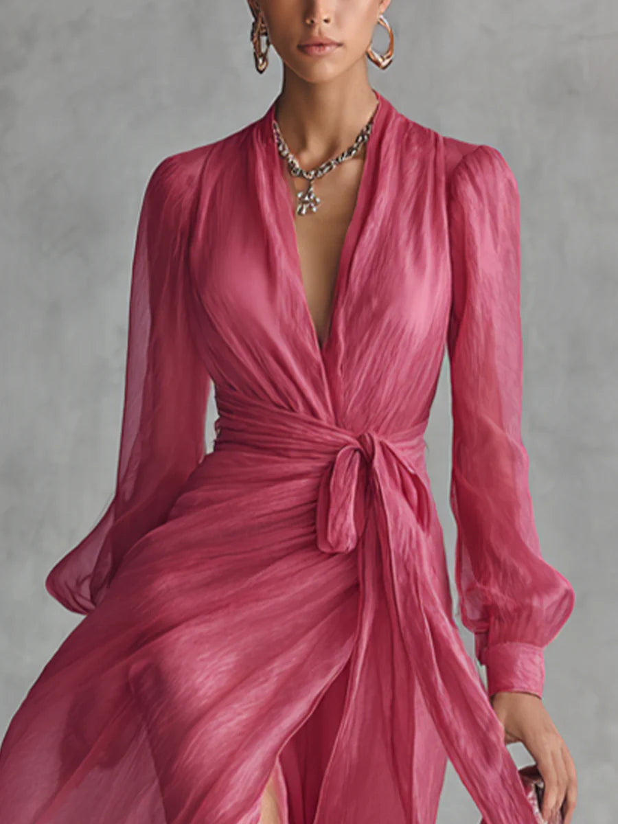 Women's Long Dress with V-Neck and Tie Waist