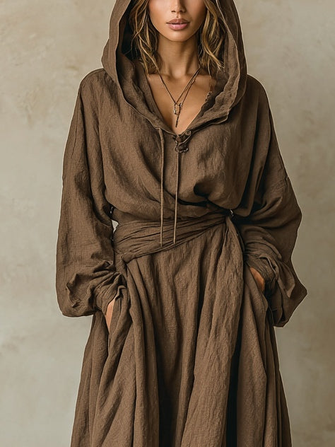 Women's Hooded Loose Maxi Dress in Brown