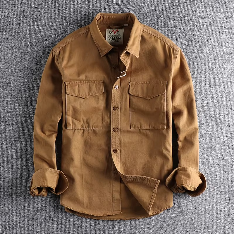 Unisex Long-Sleeve Cotton Twill Shirt with Double Pockets