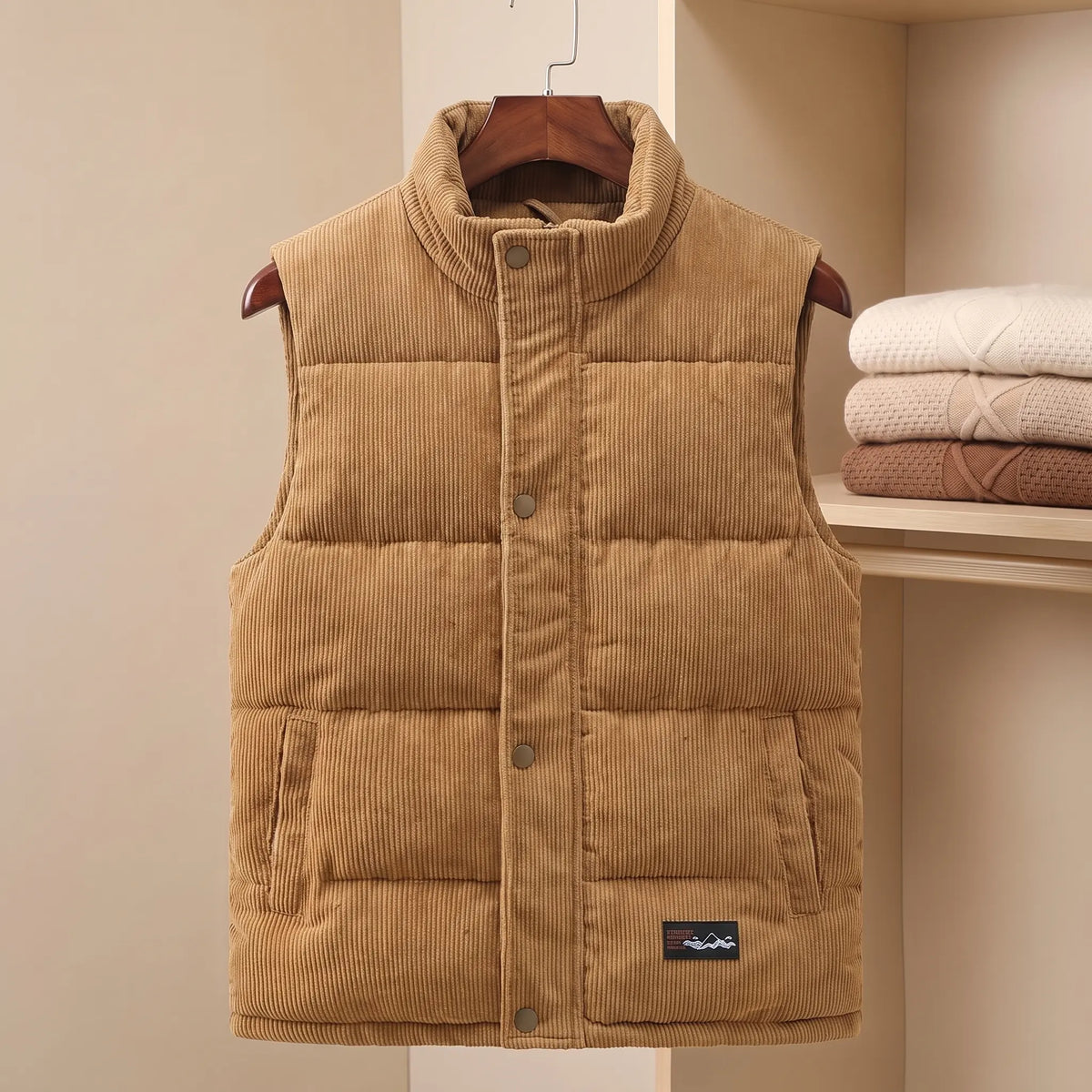 Unisex Corduroy Puffer Vest with Stand Collar