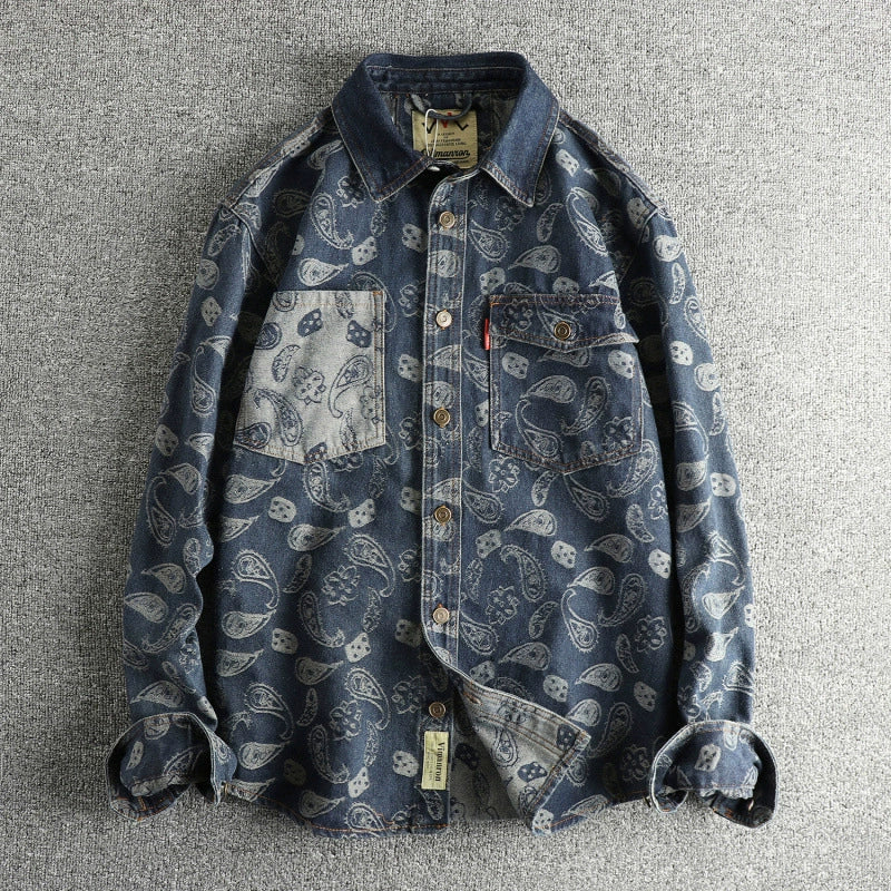 Unisex Denim Shirt with Cashew Flower Pattern