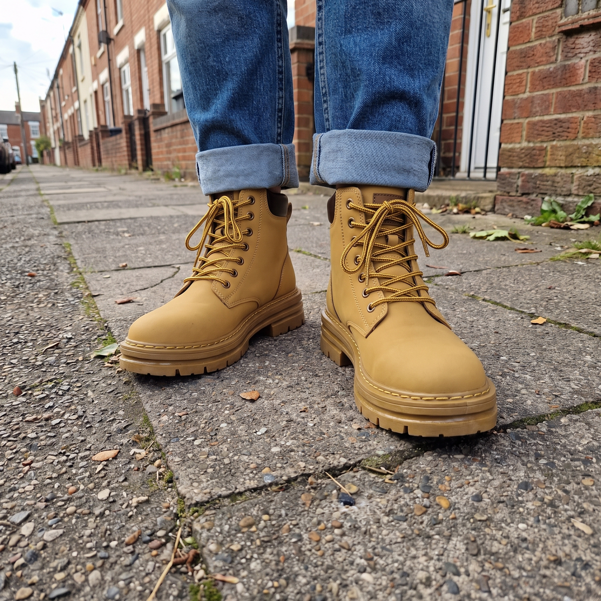 Unisex Leather Ankle Boots with Lace-Up Front and Chunky Sole
