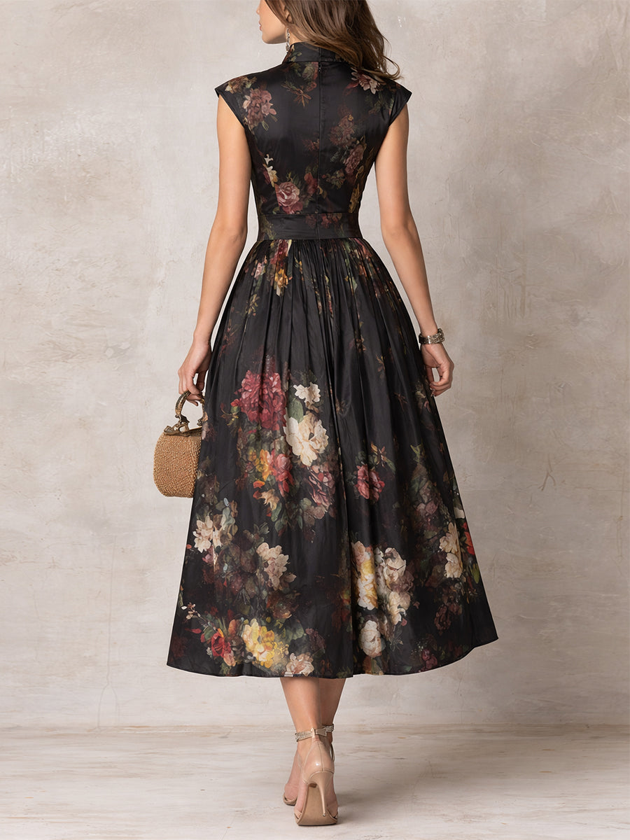Women's Floral Pleated Satin Midi Dress with Keyhole Collar