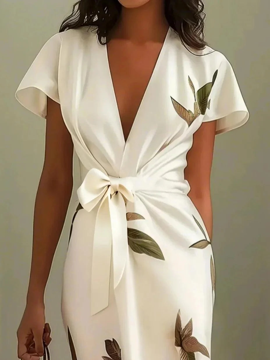 Women's Dress with Leaf Print, V-Neck and Wrap Design