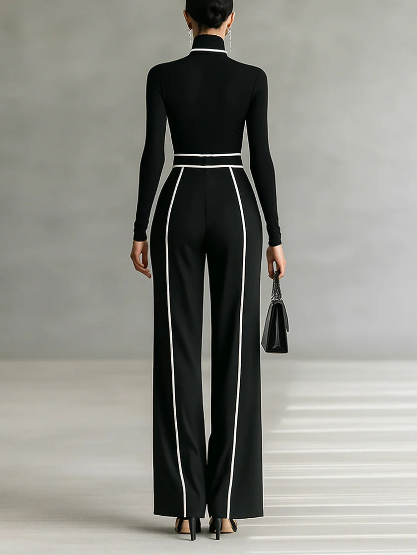 Women's Clothing Set with Turtleneck Top, Wide-Leg Pants and Belt