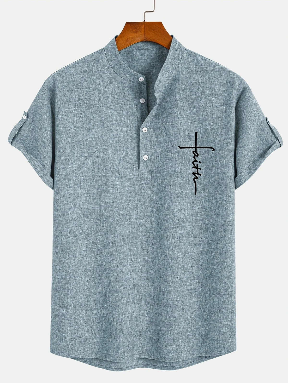 Men's Short-Sleeve Shirt with Stand Collar