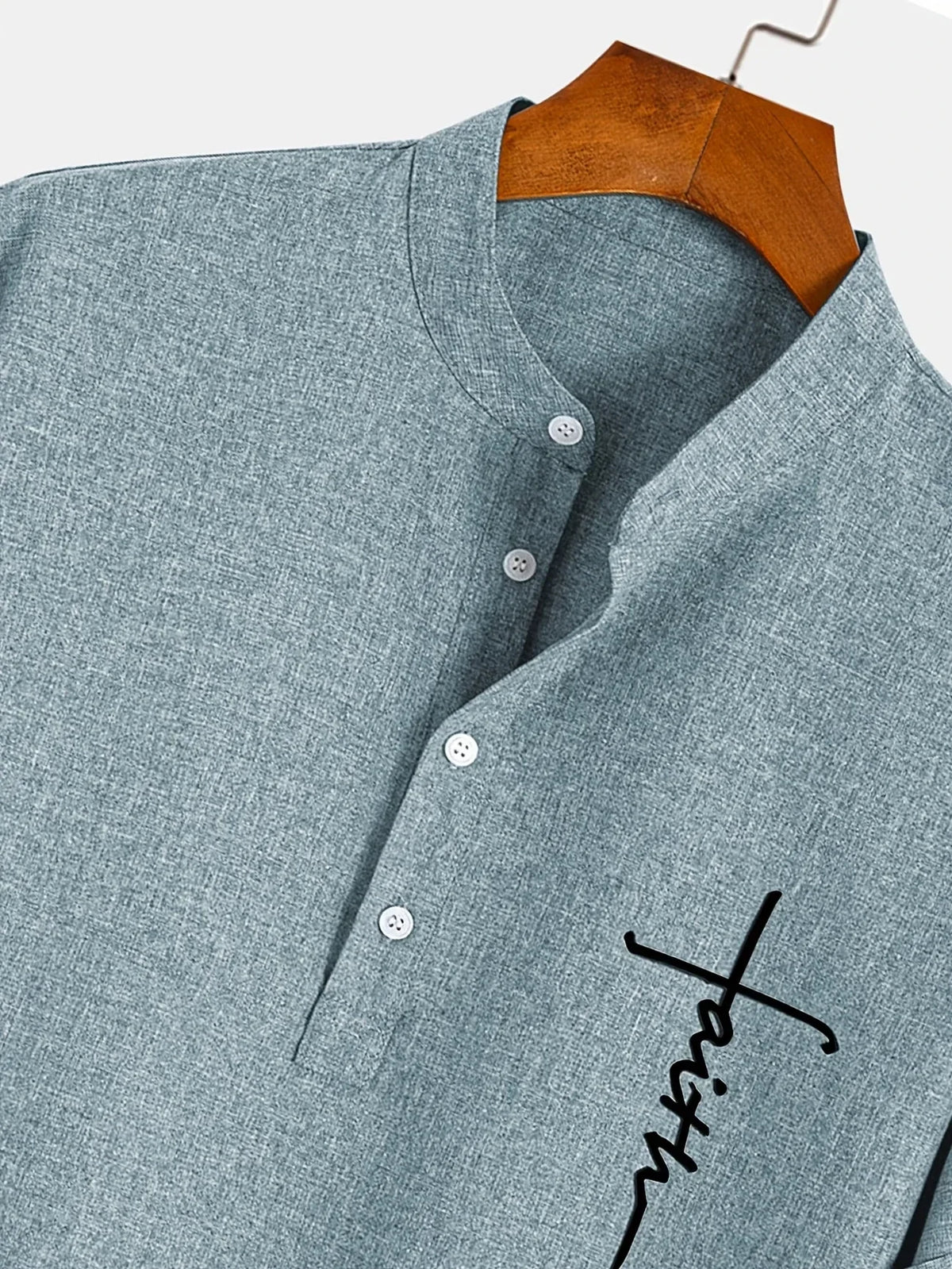 Men's Short-Sleeve Shirt with Stand Collar
