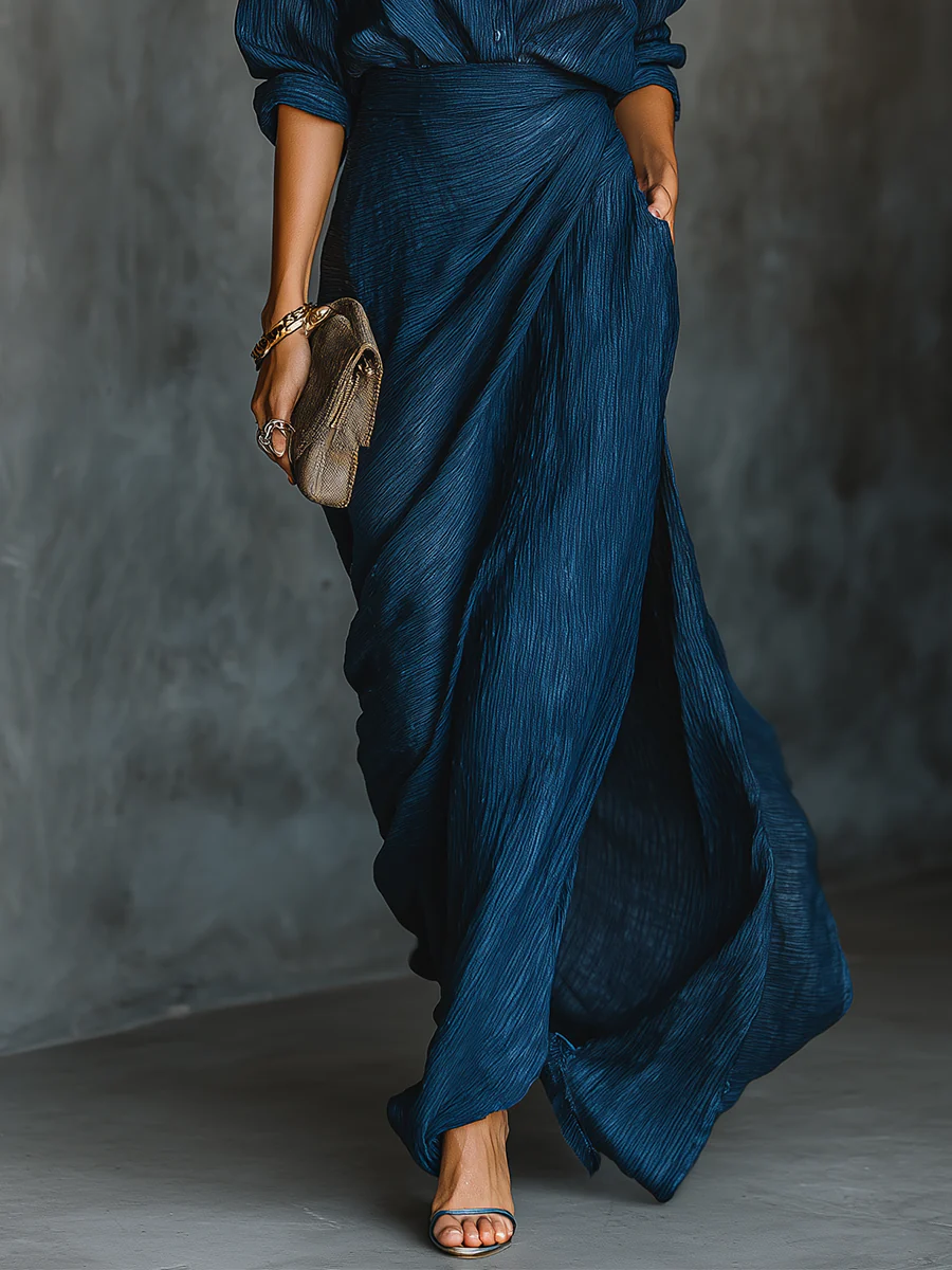 Women's Dark Blue Cotton and Linen Shirt and Skirt Set