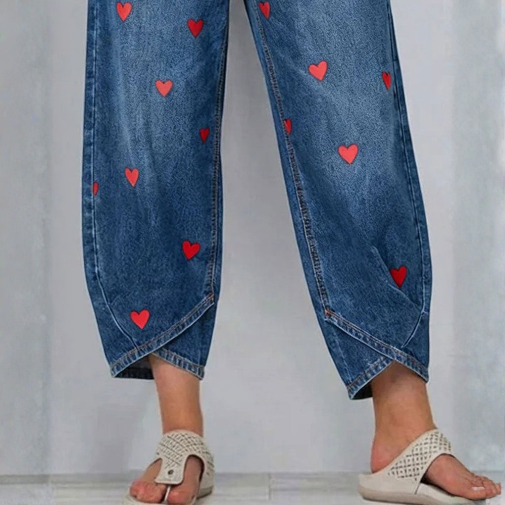 Women's Ankle-Length Jeans with Heart Pattern