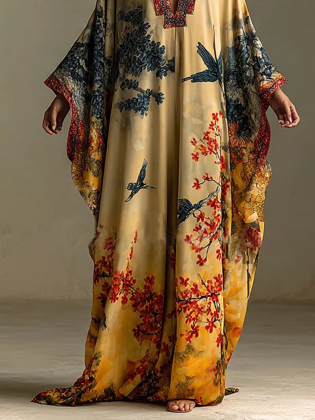 Women's Floral Art Print Batwing Sleeve Robe Dress