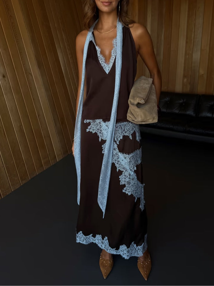 Women's Lace Panel Top and Skirt Set