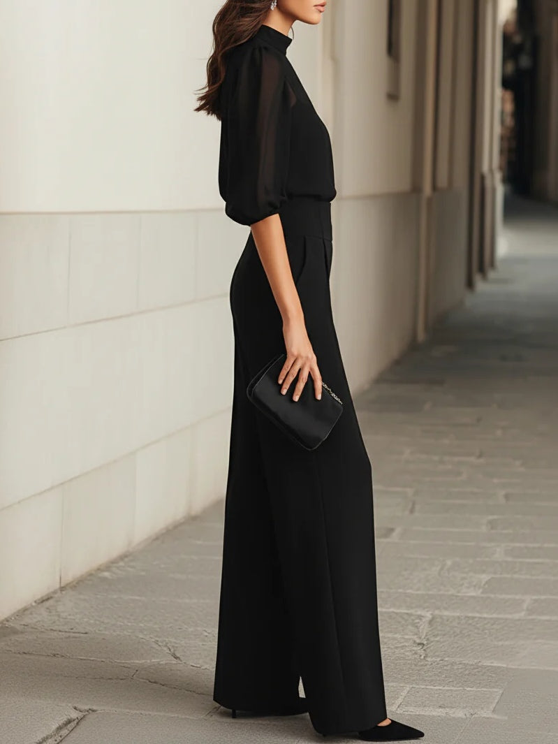 Women's Three-Piece Clothing Set with Sheer Top and Wide-Leg Pants
